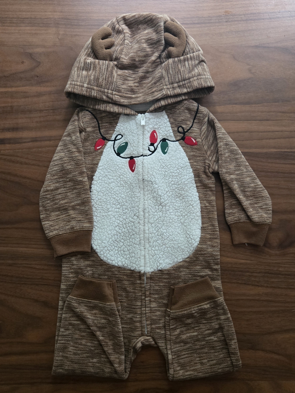 Carter’s Reindeer Christmas Romper Hooded Fleece Jumpsuit Onesie 12M